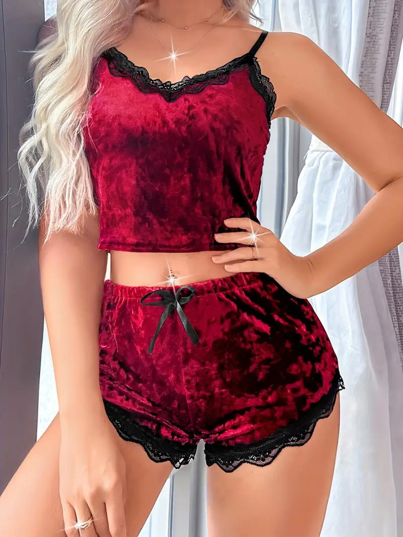 Velvet Lace Pajama Set for Women - V Neck Cami & Elastic Waist Shorts