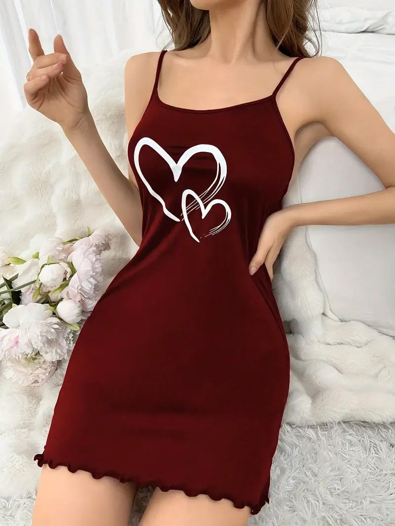 Chic Red Heart Print Slip Nightgown for Women - Comfortable All-Season