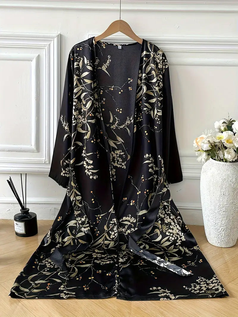 Casual Floral Print Satin Night Robe - Elegant Long Sleeve V-Neck Women's Sleepwear with Belt
