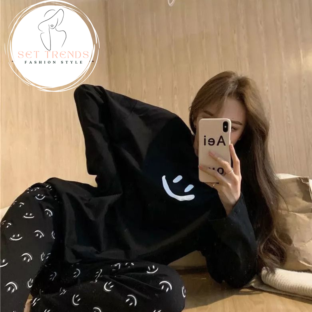 Women's Black Smiley Night Suit – Soft Cotton Pajama Set for Summer