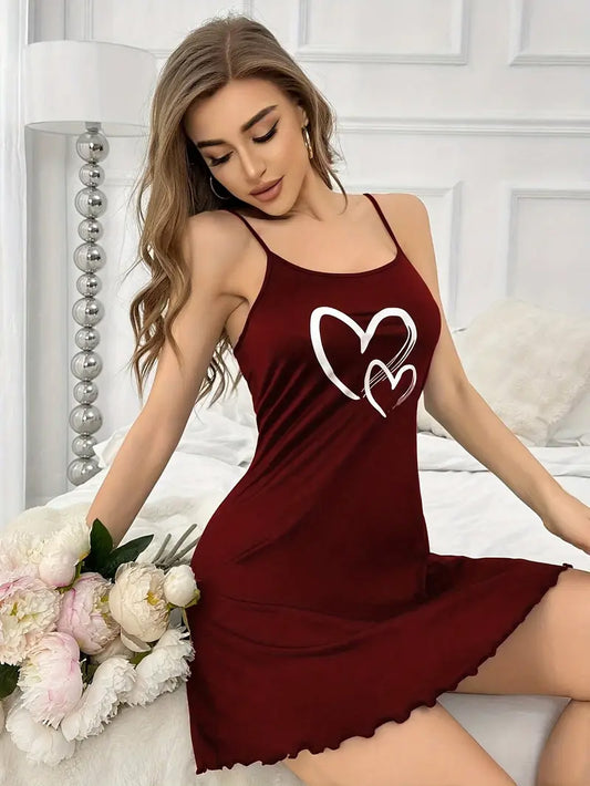 Chic red heart print slip nightgown for women in Pakistan, sleeveless and strapless design, comfortable all-season sleepwear.