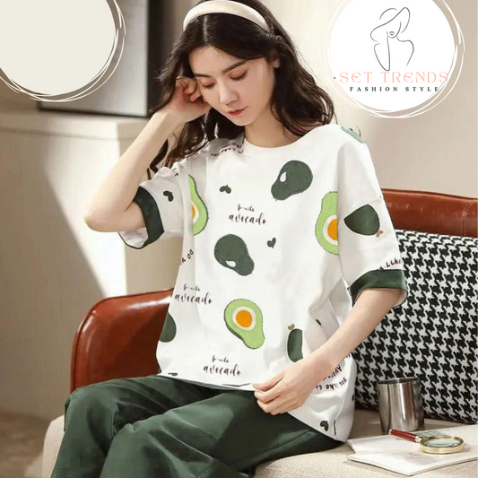 Trendy Avocado Print Lounge Set for Women - Stylish & Comfortable Pajama Set