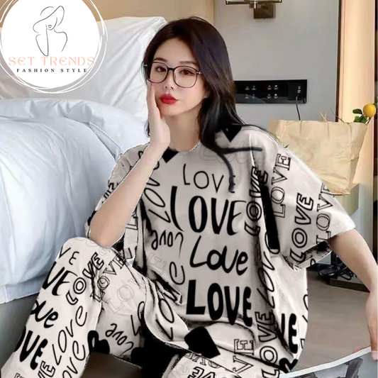 Chic Beige Love Print Lounge Set for Women - Stylish & Cozy Pajamas