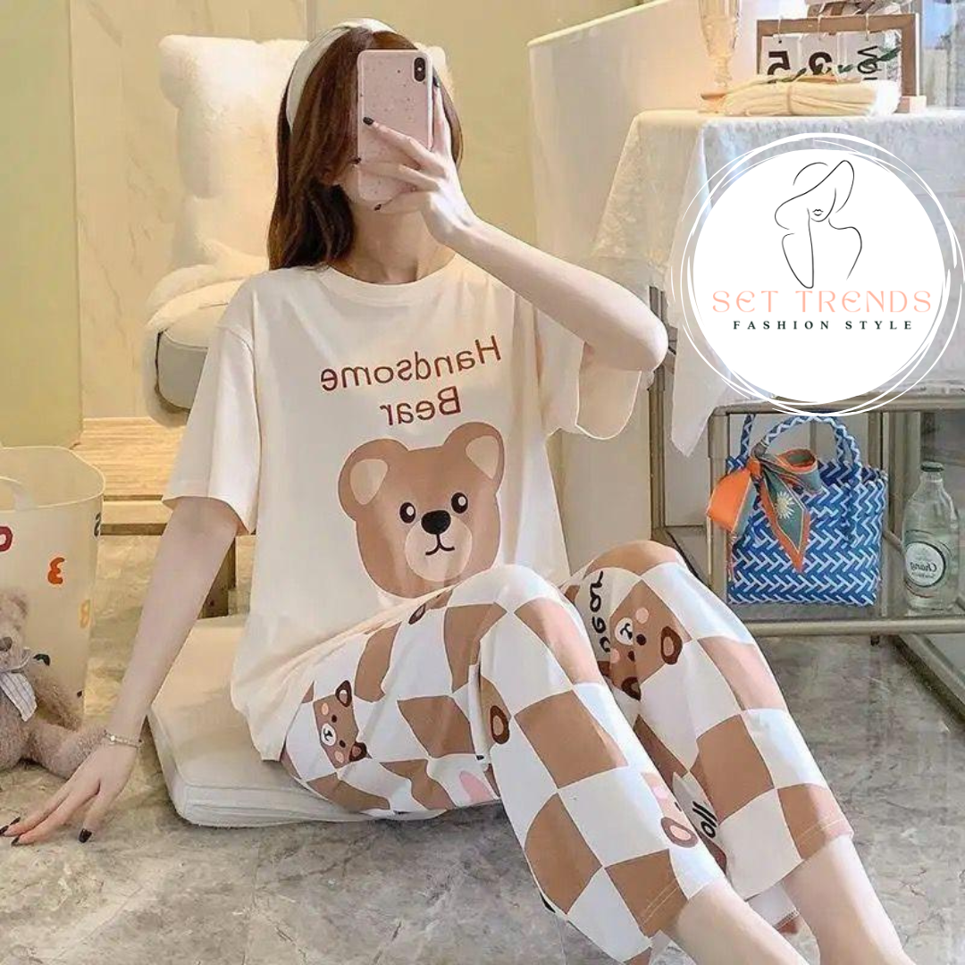Trendy Women's Bear Print Night Suit | Soft Cotton Summer Pajama Set