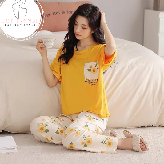 Women's Yellow Floral Night Suit – Soft Cotton Pajama Set for Summer